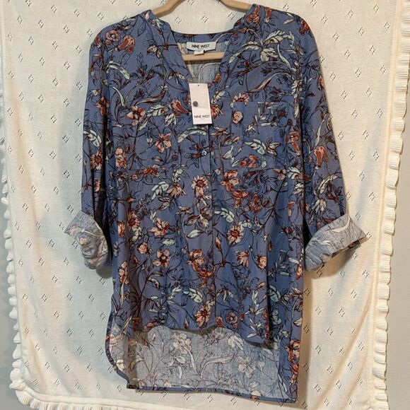 Nine West Linen Blend Floral Button Down M - Picture 1 of 5